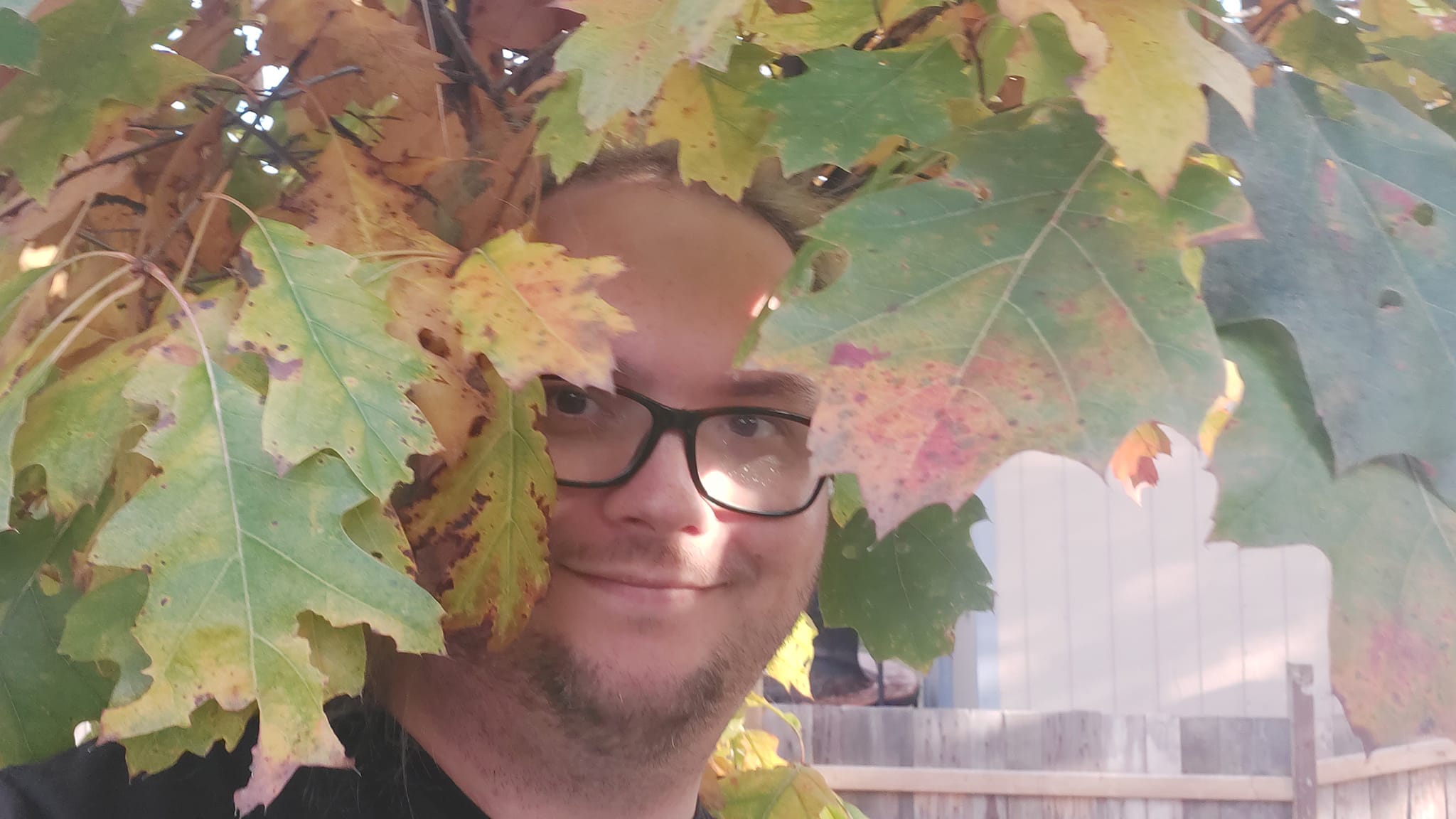 A man is wearing a brown flat cap and black shirt, standing partially obscured by oak leaves